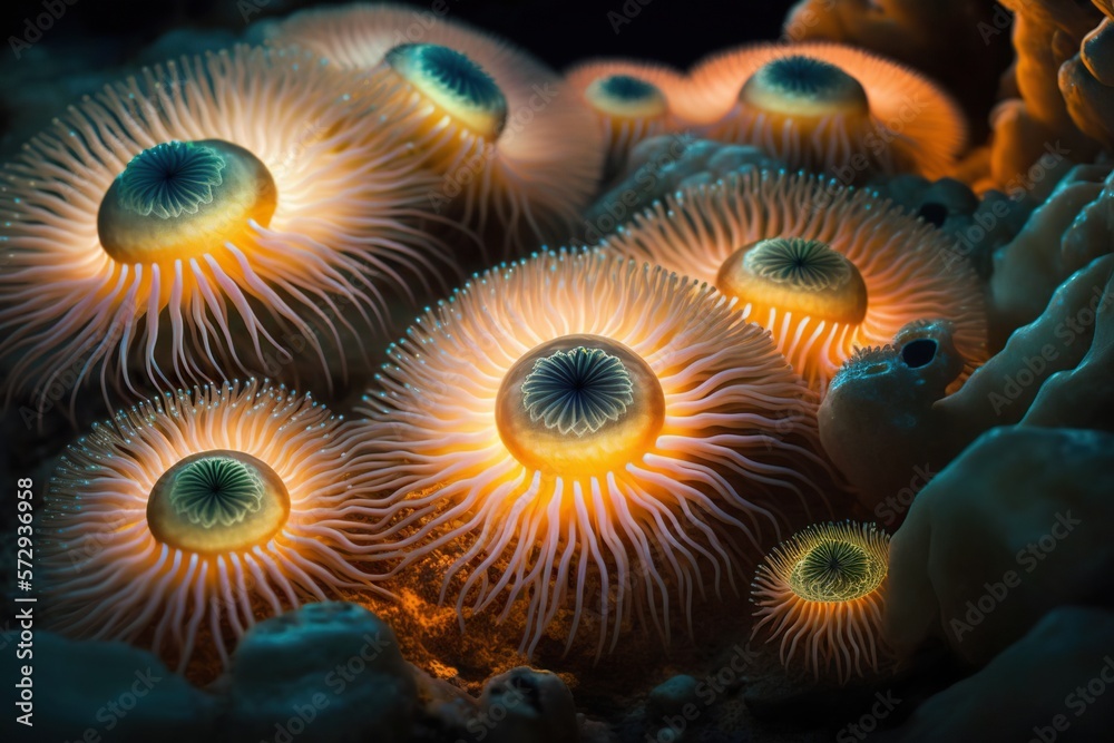 Wall mural Sea anemones glowing, concept of Marine Life and Bioluminescence, created with Generative AI technology - Wall murals