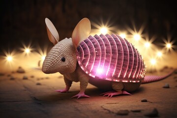 Pink fairy armadillo glowing, concept of Magical Creature and Nocturnal Animal, created with Generative AI technology