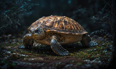 Turtle in a forest at night, Generative AI