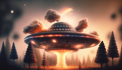 UFO come to visit earth, landing on forest ground,  Generative Ai