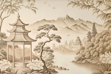 Beautiful landscape of mountains with gardens and flowers by chinese style. Beige, pastel colors.
