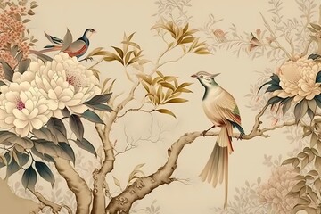 Beautiful pattern of tree with flowers and birds in chinese style. Beige, pastel colors.
