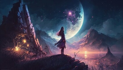 dream like gradient sky at night time, a woman at cliff looking far away to the horizon , idea for fantasy background wallpaper, Generative Ai	
