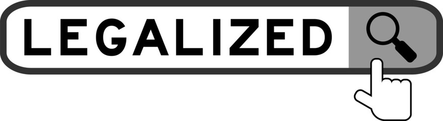 Search banner in word legalized with hand over magnifier icon on white background