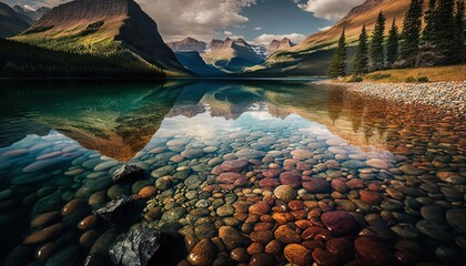 still clear crystal glass water surface of nature lake with beautiful mountain nature landscape background, Generative Ai