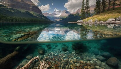 still clear crystal glass water surface of nature lake with beautiful mountain nature landscape background, Generative Ai - obrazy, fototapety, plakaty