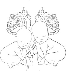 Flower's Newborn Line Arts Clipart with sleeping babies, rose, sunflower, iris, sunflower, hydrangea, tulip, lilac, magnolia and more. Perfect for baby shower, milestone cards, nursery decor