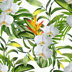 Obraz na płótnie Canvas Seamless pattern. Tropical pattern. Orchid, flower of paradise. Exotic background, tropic