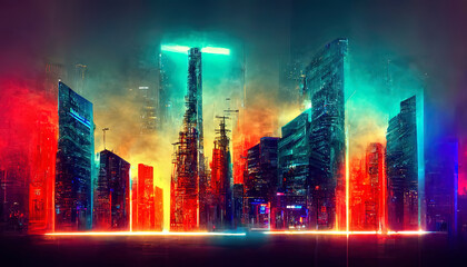 Fototapeta na wymiar Futuristic city background with neon illumination. Generative AI