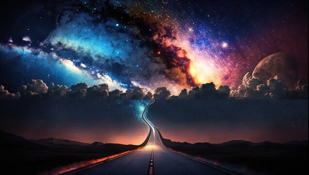 fantasy way to heaven, glitter glow starry midnight sky over the highway road to horizon, Generative Ai