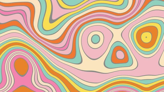 Abstract, retro, pastel wavy, liquid, psychedelic, groovy, hippie, flat, abstract, cartoon looping background in 70s retro style.