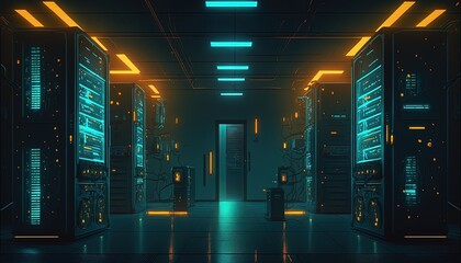 Data center room with computer and light, Generative Ai