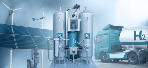 Hydrogen production from renewable energy sources by electrolysis and transportation by trucks. Green hydrogen concept	