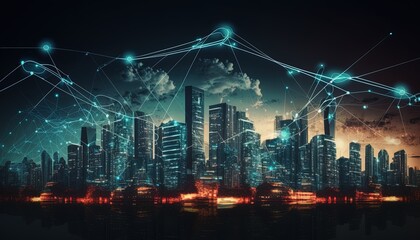 urban city with cloud computing data system above, light trail connection node over the sky, business connection,  Generative Ai