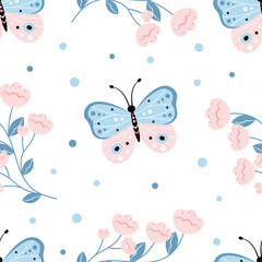 cartoon seamless pattern with butterflies, vector illustration