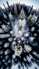drone shot from high angle with fisheye lens above fir forest in snow, created with generative ai