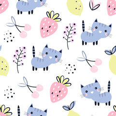 vector seamless pattern with cute cat and fruits