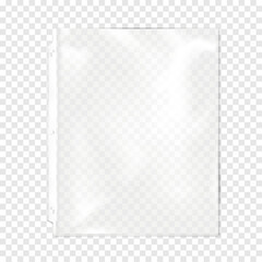 Clear plastic file, three hole punched sheet sleeve protector for three ring binder on transparent background mock-up. Top loading document pocket realistic vector mockup - 572940520