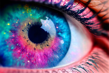 macro of rainbow colored eye with glitter eyeshadow and lashes, created with generative ai - obrazy, fototapety, plakaty