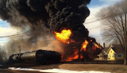 illustration of derailment train with flame and black smoke burning on it, idea for support Ohio crisis, Generative Ai