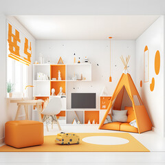Bright and cozy modern playroom interior with orange furniture and decoration room on empty orange or white wall background, Ai generated
