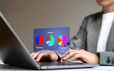 Woman working on laptop analysing retail kpi, share of business virtual diagrams.