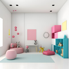 Bright and cozy modern playroom interior with pink furniture and decoration room on empty pink or white wall background, Ai generated
