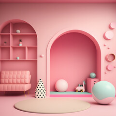 Bright and cozy modern playroom interior with pink furniture and decoration room on empty pink or white wall background, Ai generated
