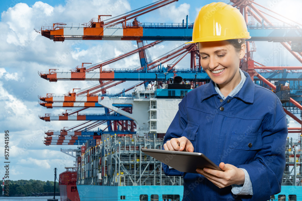 Poster woman port manager with a digital tablet against the background of a ship loaded with containers in 