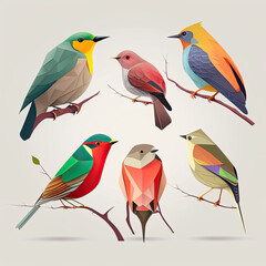 Colourful flat design of a Set of birds on a branch. Generative AI