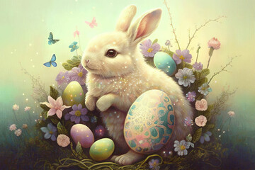 Obraz na płótnie Canvas Pretty Easter Bunny with Easter eggs and flowers on a light background, painting style, Generative AI