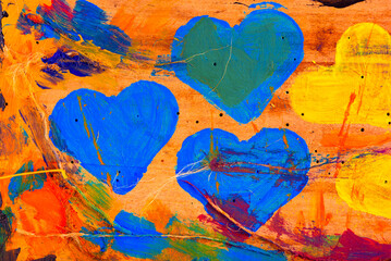 Abstract watercolor hearts. Decoration made of acrylic paints.