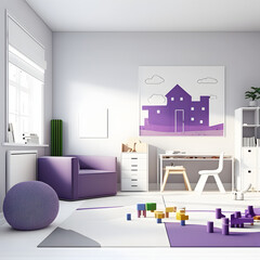 Obraz premium Bright and cozy modern playroom interior with purple furniture and decoration room on empty purple or white wall background, Ai generated 