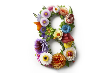 March 8 number made of flowers on a white background. Generative AI