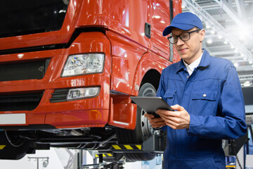 Serviceman with digital tablet on the background of the truck in the garage	