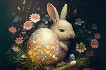 Cute Easter Bunny with Easter eggs in the meadow of flowers on a dark background, Easter, painting style, Generative AI
