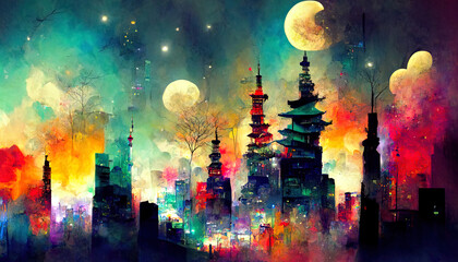 Fantasy night city Japanese landscape, neon light, residential buildings, big sakura tree. Generative Ai