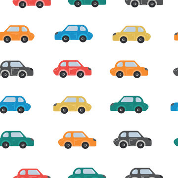 Seamless pattern with cute cars. Cartoon cars, road hatches, zebra crossing vector illustration. Perfect for kids fabric, textile, nursery wallpaper. Vector Illustration.
