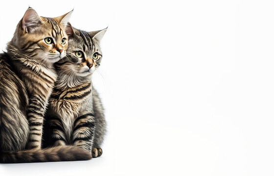 Portrait of two domestic cats hugging each other. Shot of pets on a white isolated large background with free copy space. Studio light. Advertising photo. Template banner, poster. Generative AI.
