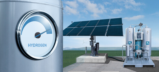 Hydrogen gauge on a background of H2 factory using renewable energy. Green hydrogen production...