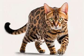 Fototapeta na wymiar Bengal cat on a white isolated background walking forward. The pet is looking straight at the camera. Illustration for an advertising product for cats. Natural Studio light. Generative AI.
