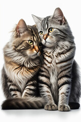 Obraz premium Portrait of two domestic cats hugging each other. Shot of pets on a white isolated background looking directly at the camera. Studio light. Advertising photo. Template banner, poster. Generative AI.