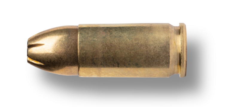 Shadow behind 9 mm cartridge with hollow-point bullet