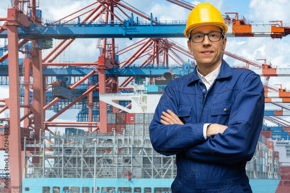 Poster Port manager on a background of a ship loaded with containers in the seaport	