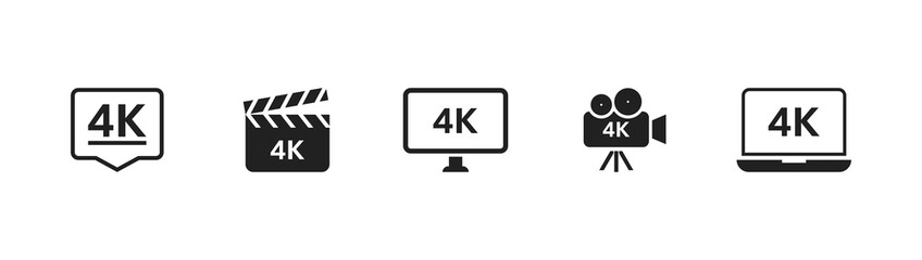 4k icon set. High 4k definition, resolution. 4k tv, movie, ultra hd