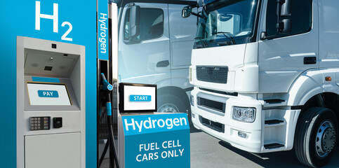 Hydrogen filling station on a background of trucks