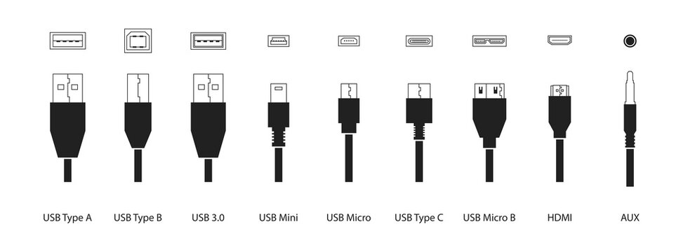 Black cabels icon set. Usb type A, type B, type C, 3.0, micro, mini, Micro B, AUX, HDMI