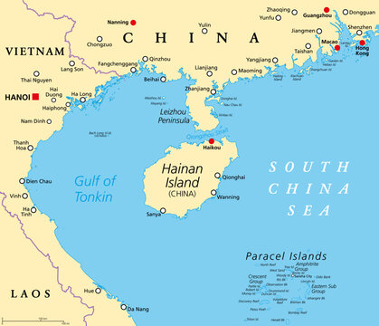 Hainan, southernmost province of China, and surrounding area, political map. Hainan Island, and the Paracel Islands, in the South China Sea, south of the Leizhou Peninsula, and east of Gulf of Tonkin.