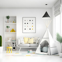 Bright and cozy modern playroom interior with white furniture and decoration room on empty red or white wall background, Ai generated
