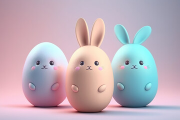 Cute easter eggs rabbits on colorful background. AI Generative.